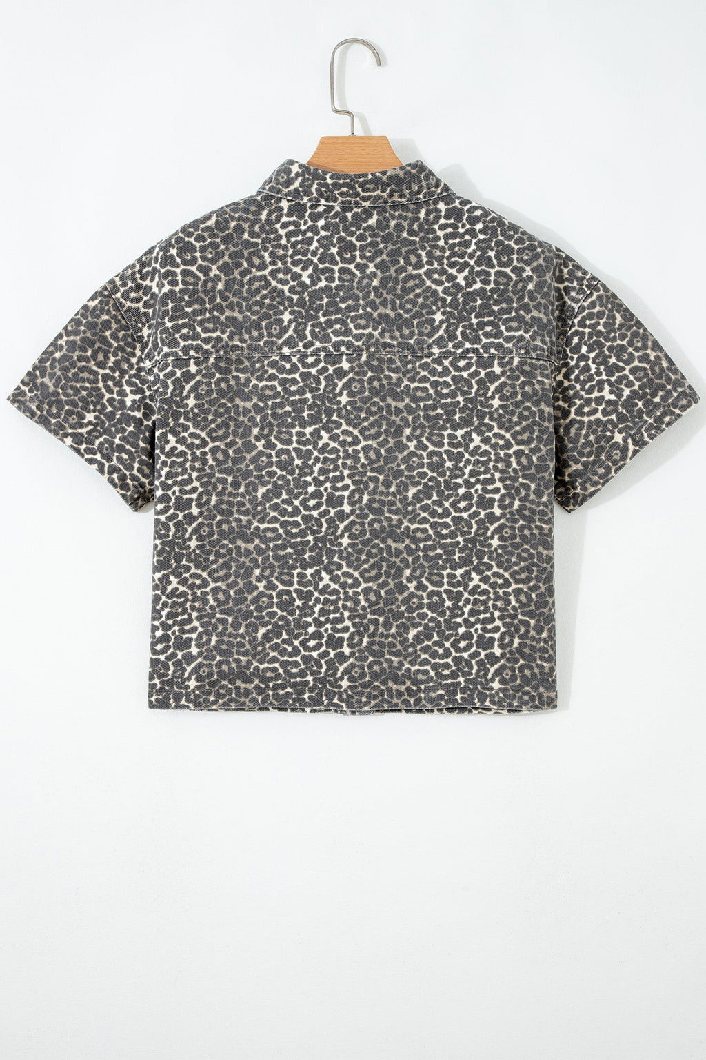 Leopard Denim Short Sleeve Button Up Cropped Shirt