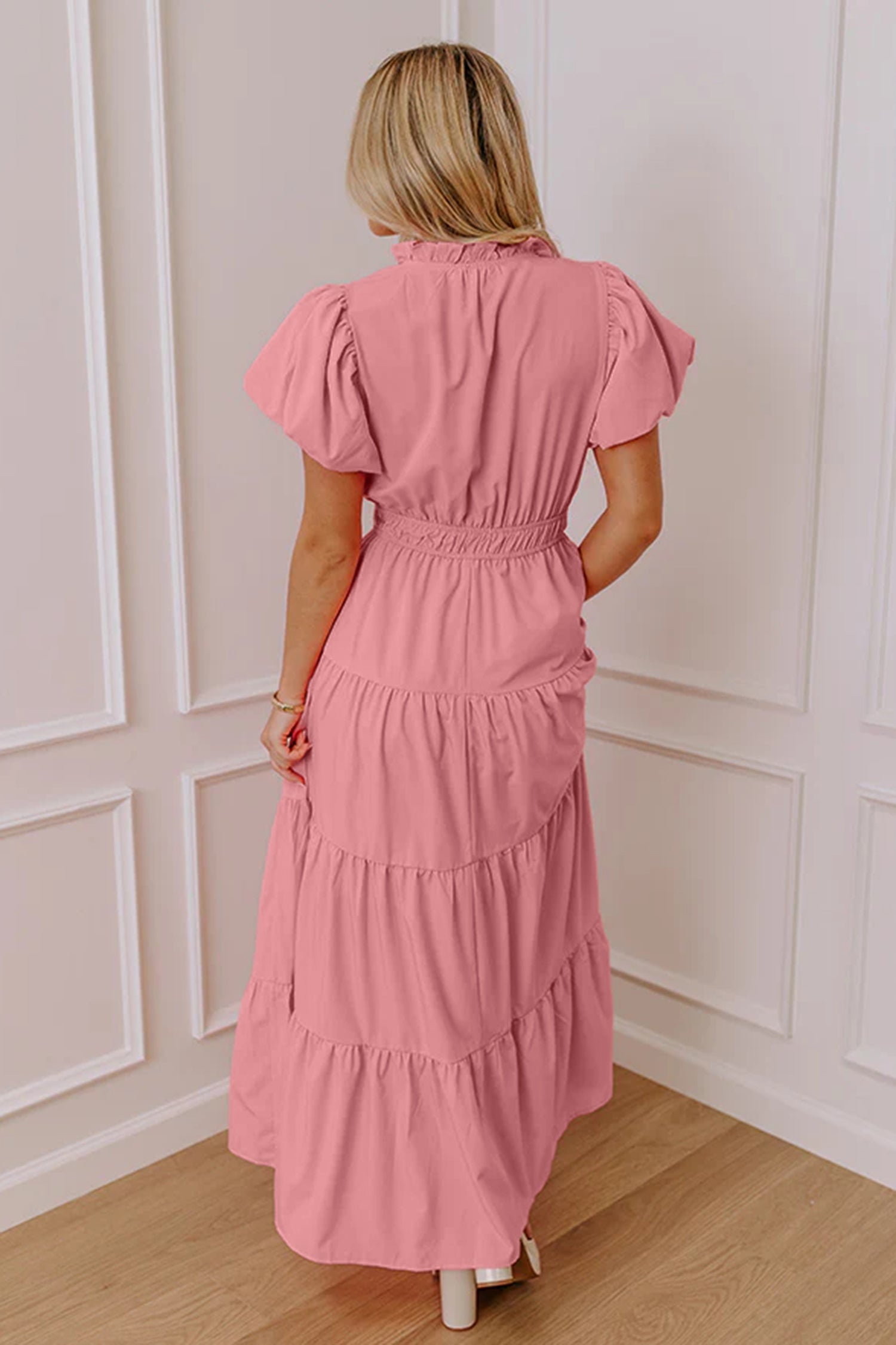 Solid V-Neck Short Puff Sleeve Tiered Maxi Dress