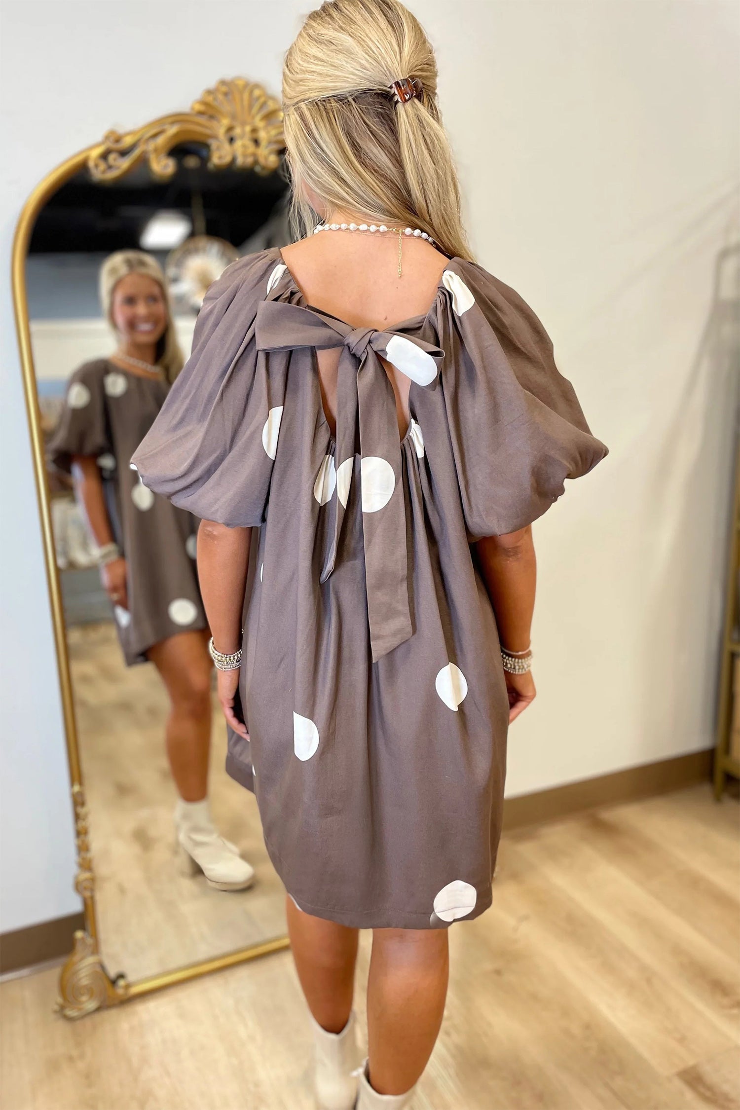 Polka Dot Bow Tie Back Puff Sleeve Mini Dress