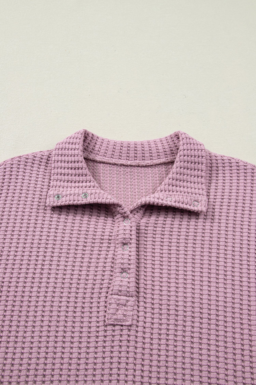Solid Textured Knit Snap Button Collar Top