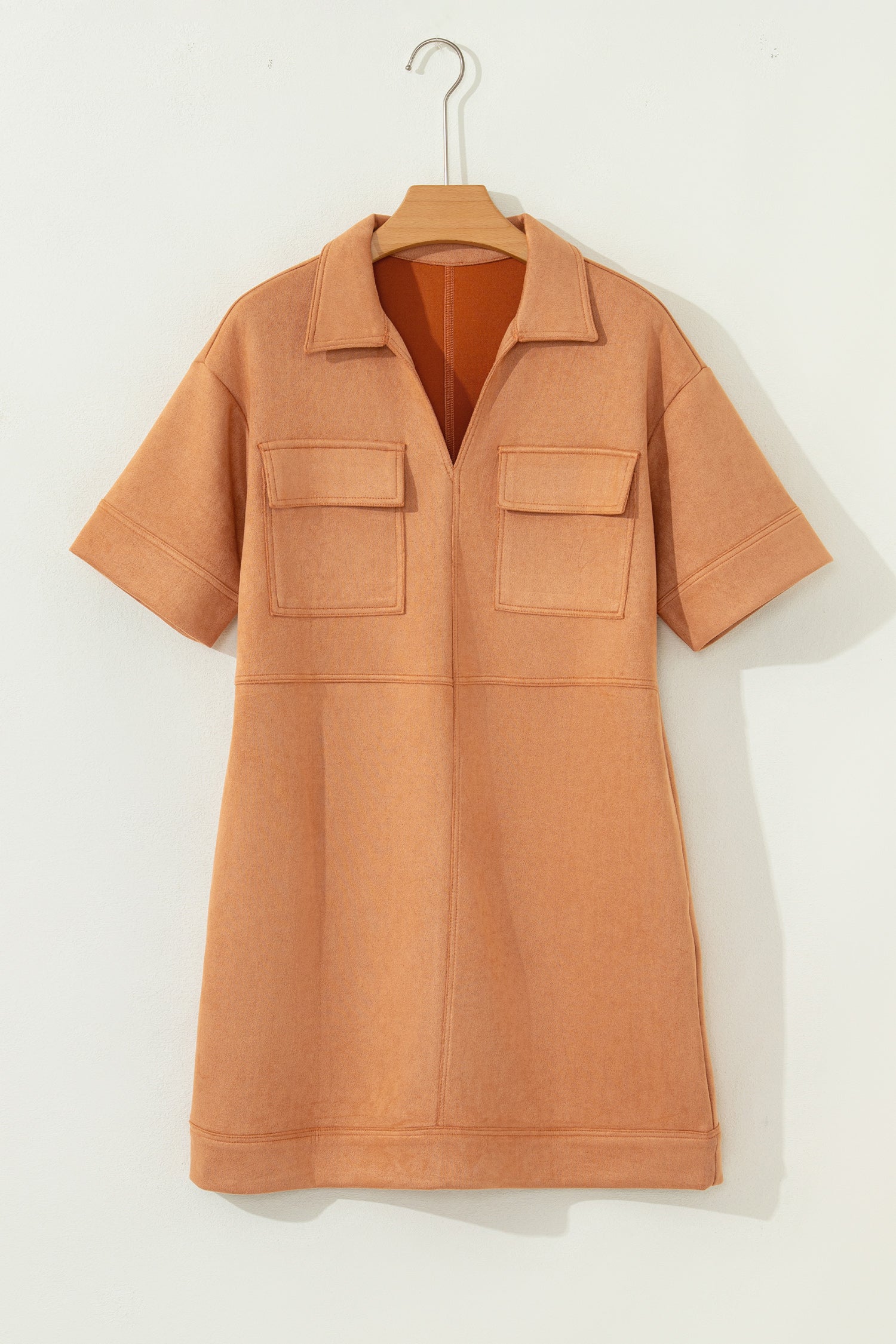 Faux Suede Collared V-Neck Short Sleeve Dress