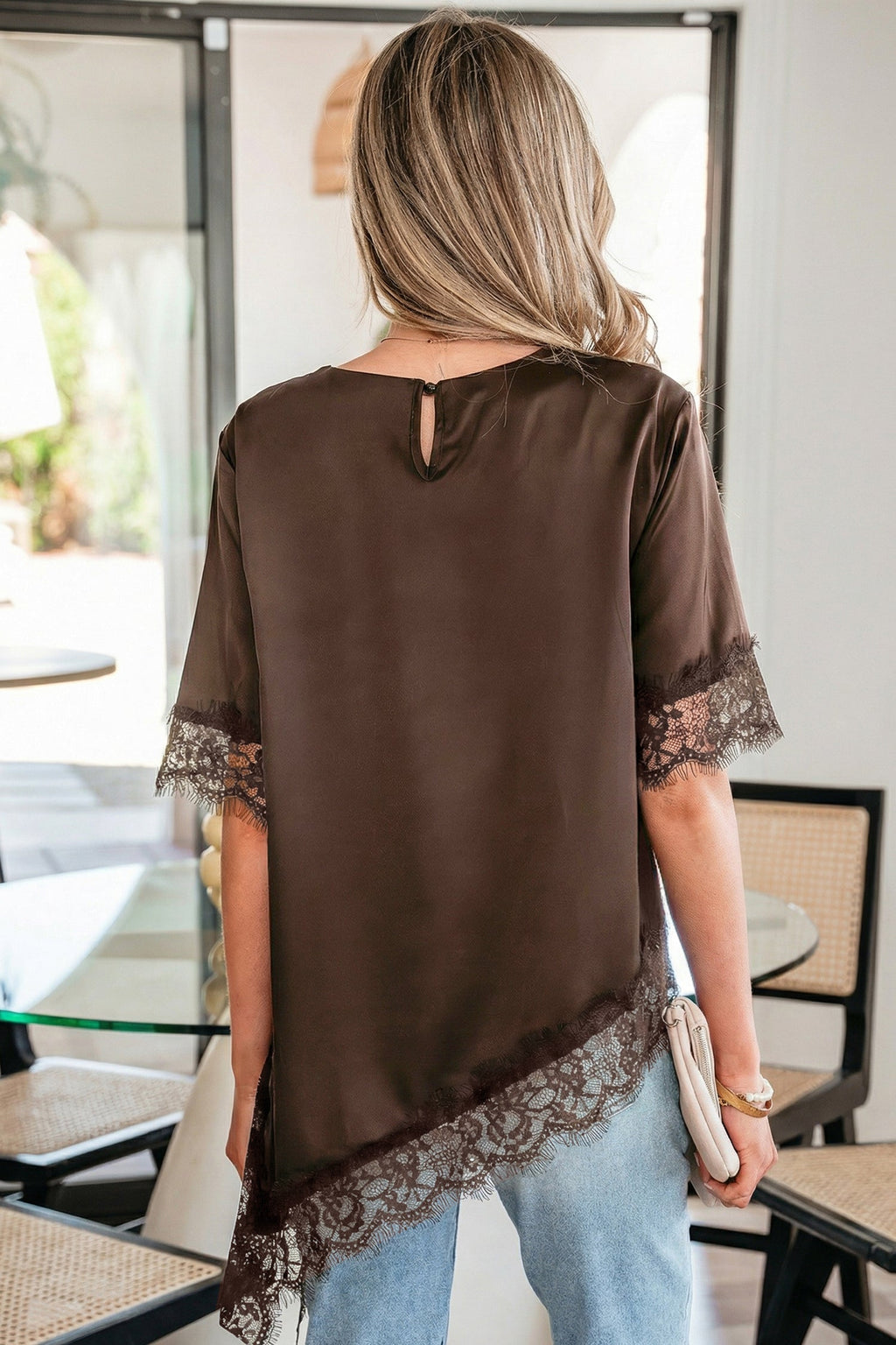 Asymmetric Lace Trim Satin Short Sleeve Top