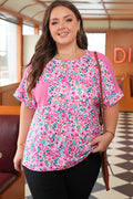 Plus Size Floral Corded Patchwork Crewneck Top