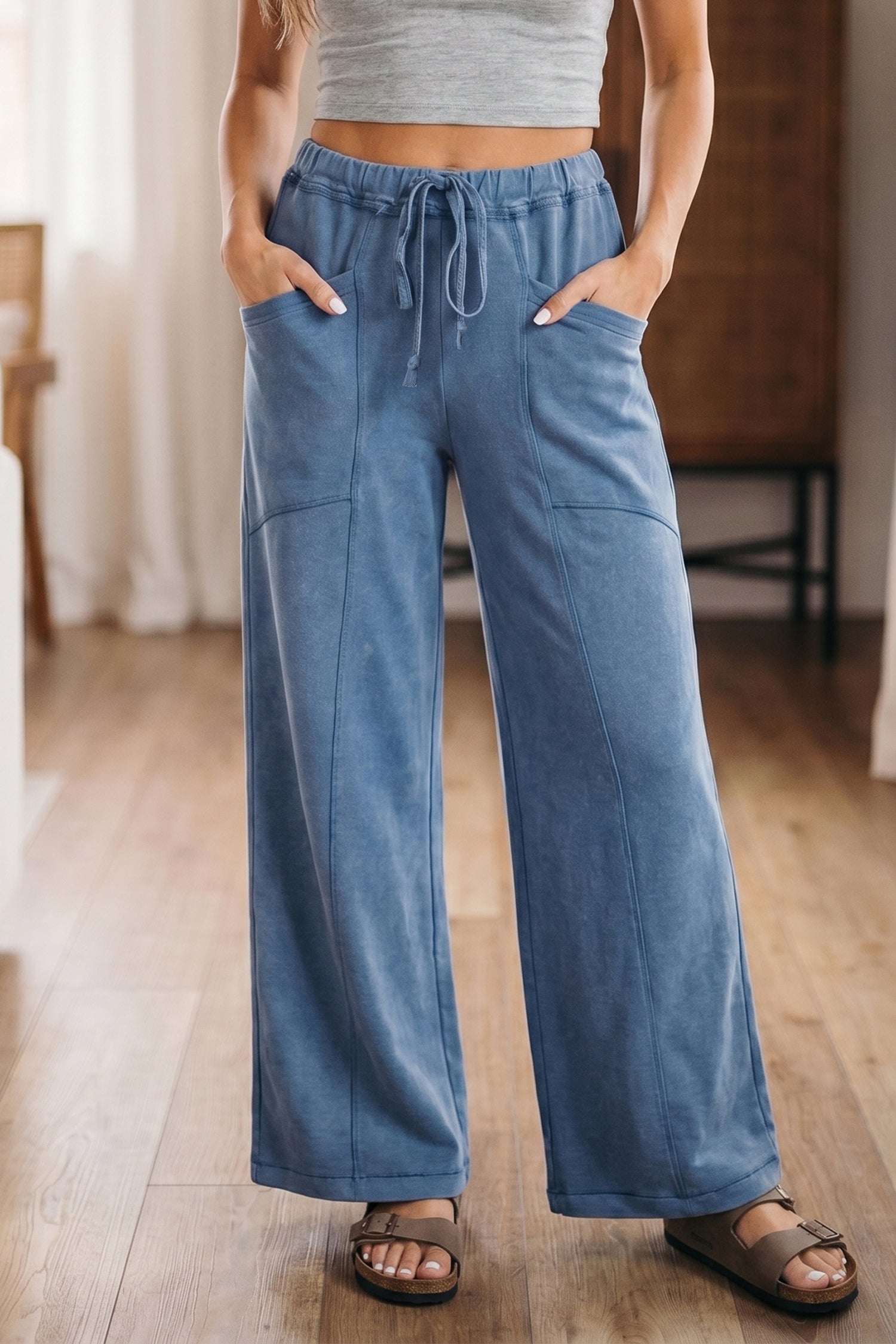 Solid Mineral Wash Drawstring Wide Leg Pants