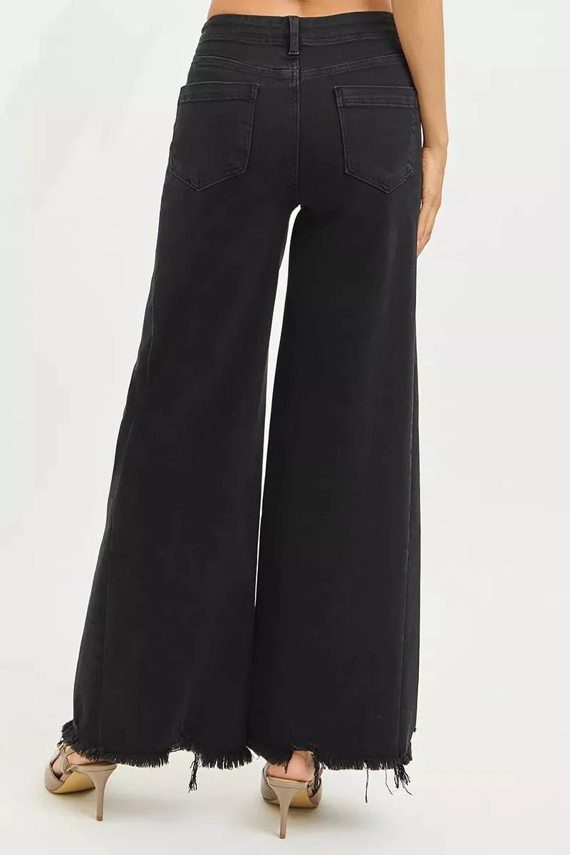 RISEN Tummy Control High Rise Palazzo Leg Frayed Hem Jeans - Stylish Tummy Control High Rise Jeans