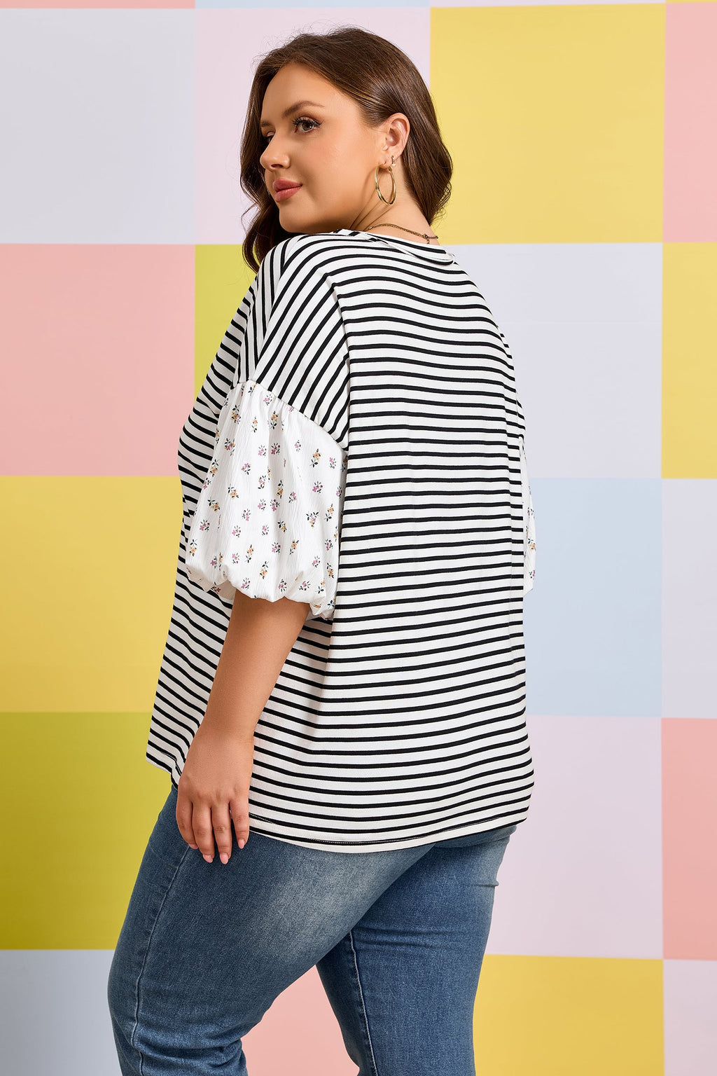 Plus Size Stripe Floral Patchwork Puff Sleeve Top