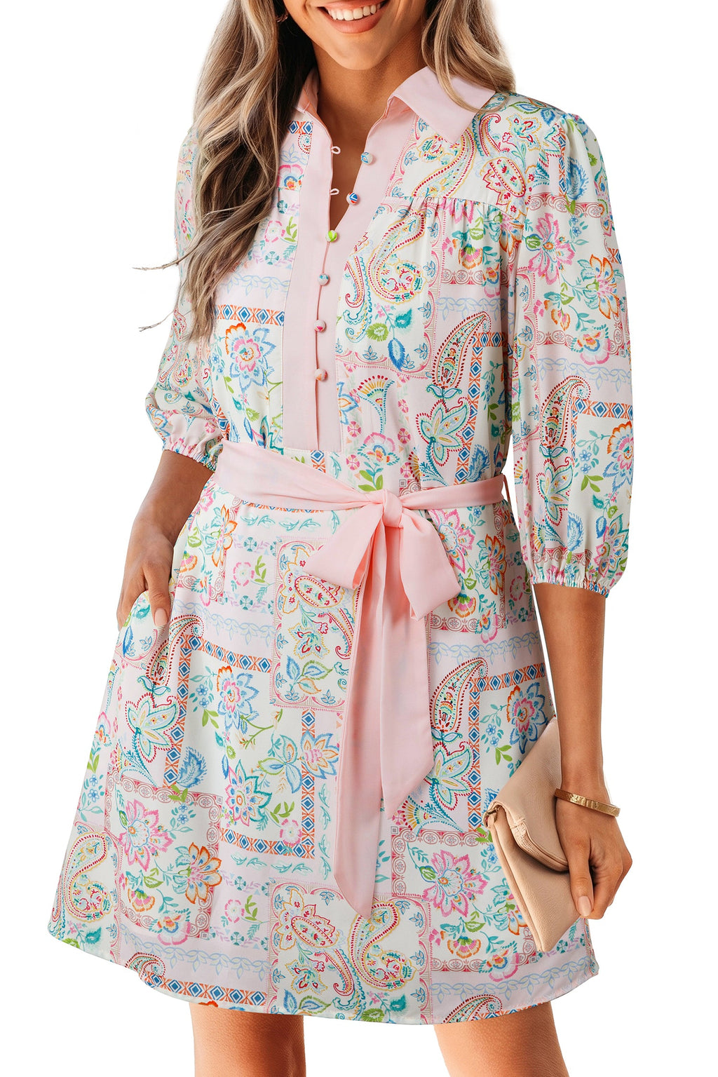 Boho Floral Colorblock 3/4 Sleeve Belted Mini Dress