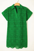 Solid Embroidered Eyelet Collared V-Neck Mini Dress