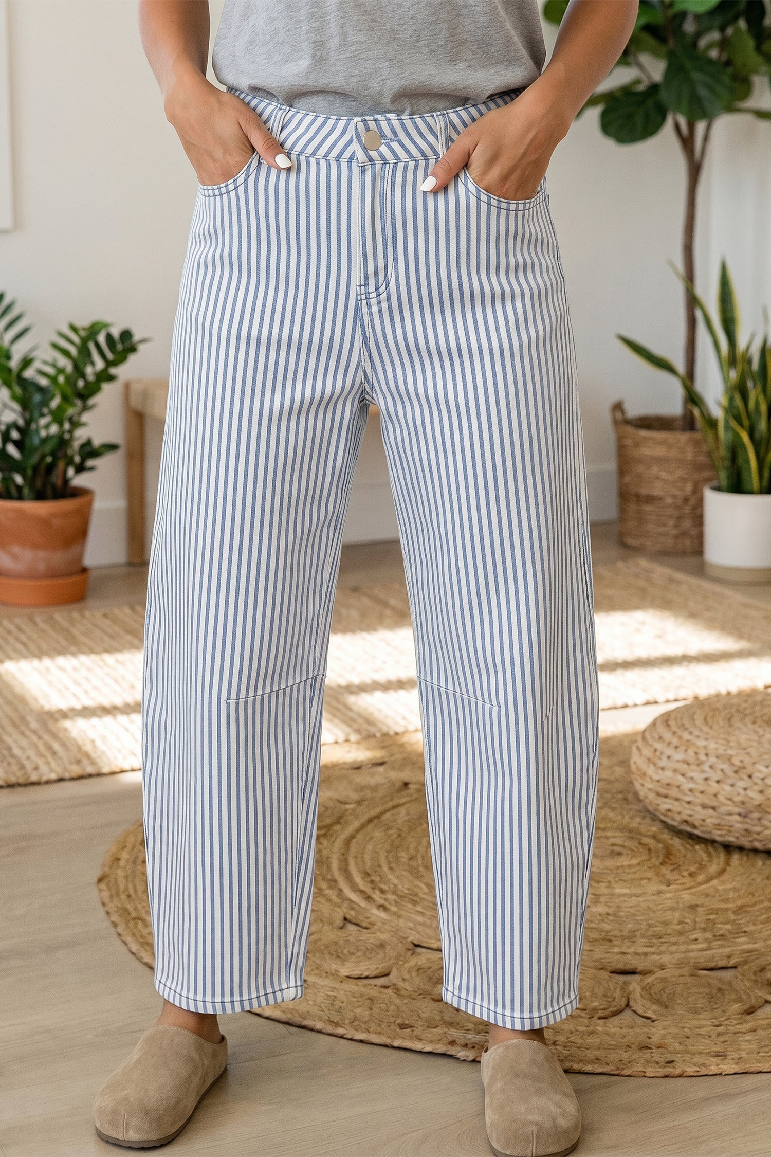 Stripe Denim High Waist Barrel Leg Jeans