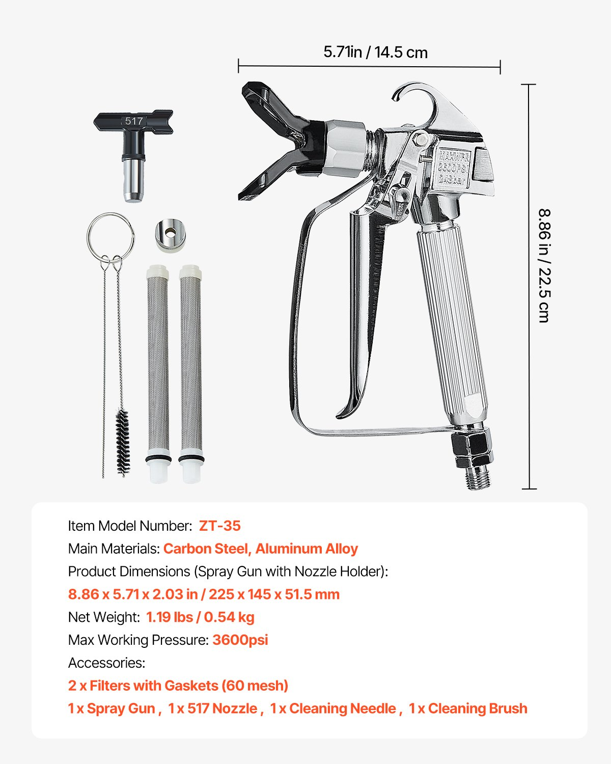 Airless Paint Spray Gun 3600PSI High Pressure Airless Spray Gun 517 Tip