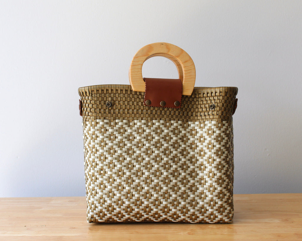 Beige & Gold Handwoven Tote with Wood Handle