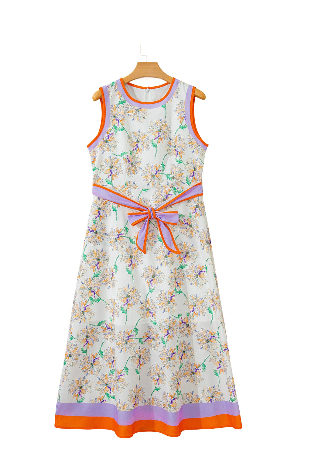 Floral Colorblock Trim Belted Sleeveless Maxi Dress