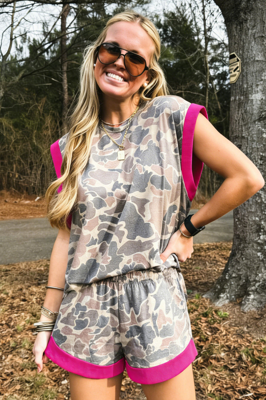 Camo Contrast Trim Tank & Elastic Waist Shorts Set