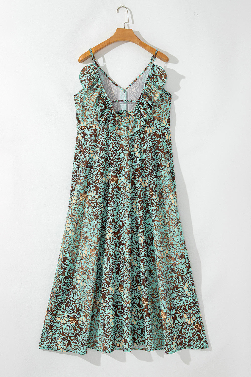 Floral V-Neck Ruffle Trim Backless Tassel Waist Dress