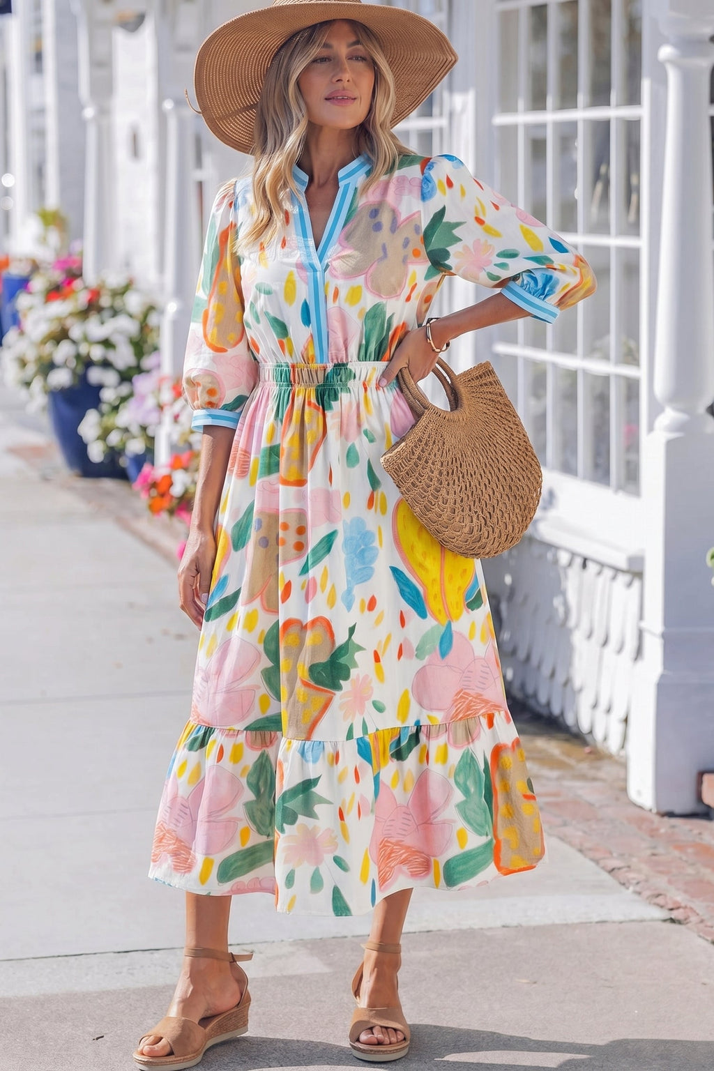 Floral Stripe Trim V-Neck Midi Dress