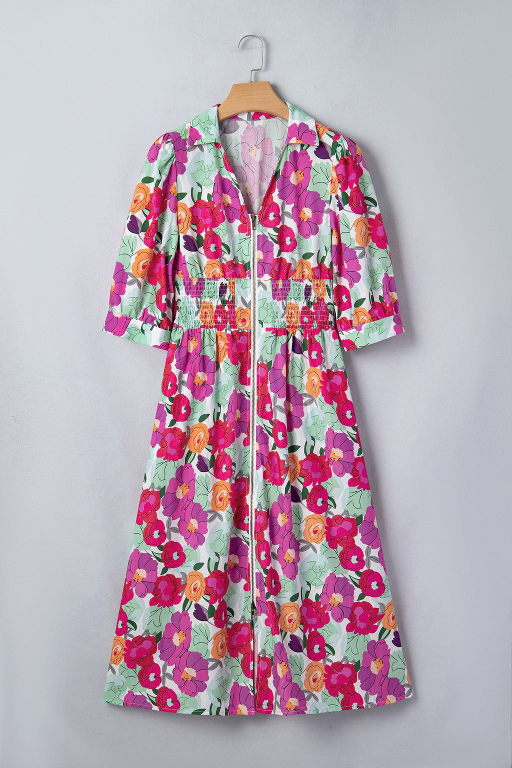 Floral Zip-Up V-Neck Short Puff Sleeve Dress