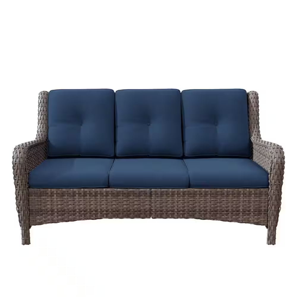 Stylish 3-Seat Wicker Sofa with Comfortable Blue Cushions