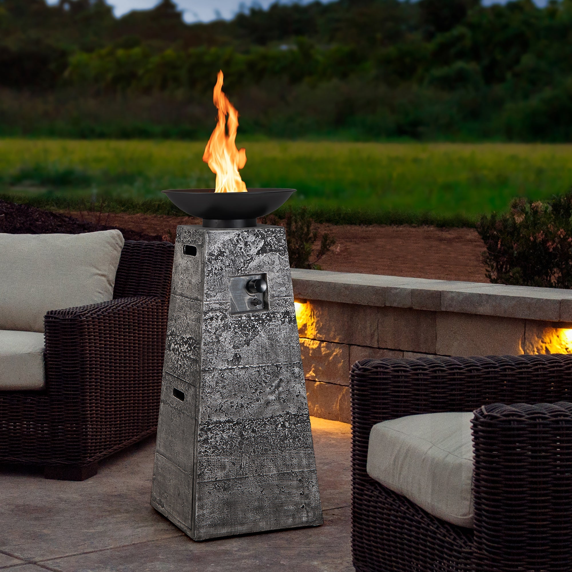 Tall Outdoor Fire Pit 48", Propane Fire Column, 30,000 BTU with Cover