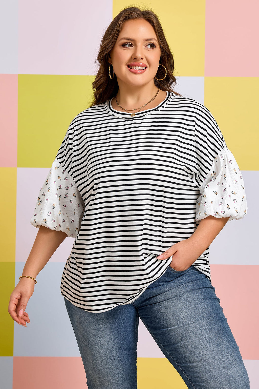 Plus Size Stripe Floral Patchwork Puff Sleeve Top