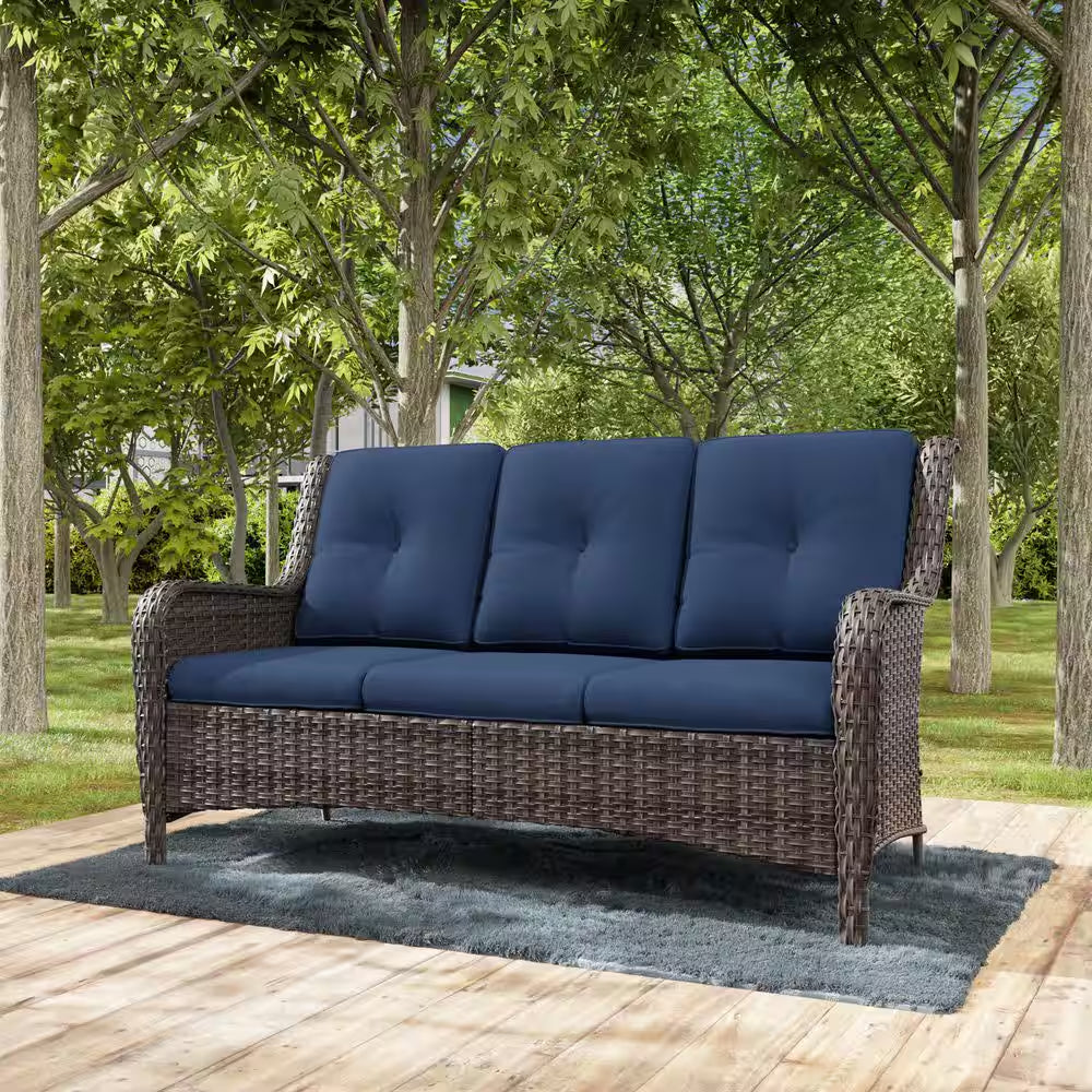 Stylish 3-Seat Wicker Sofa with Comfortable Blue Cushions