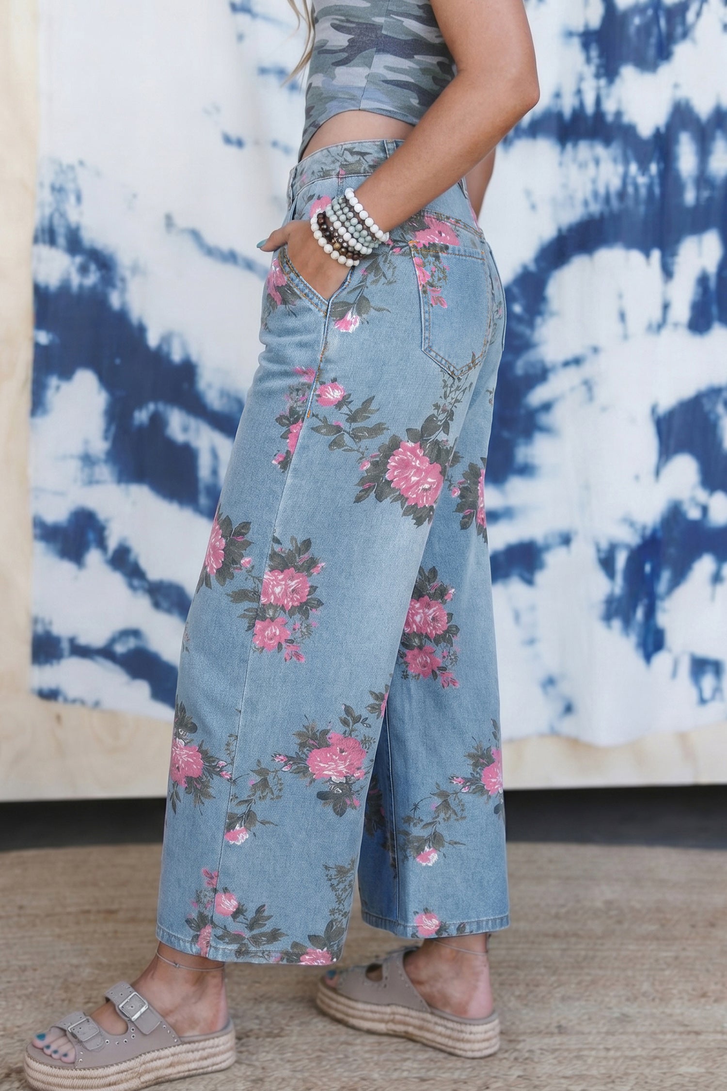 Floral Denim Wide Leg Jeans