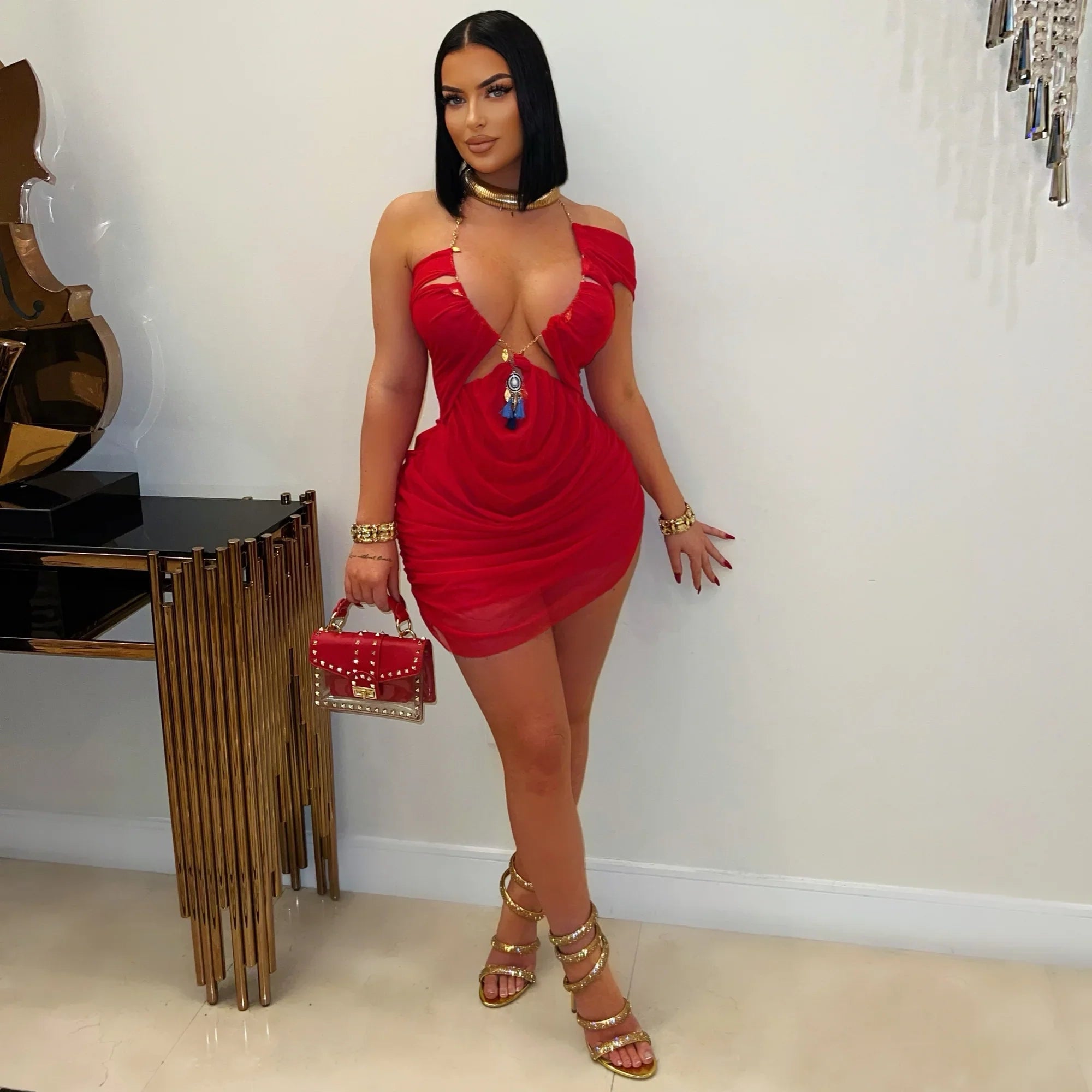 Mesh Halter Mini Chain Jeweled Dress/Lingerie