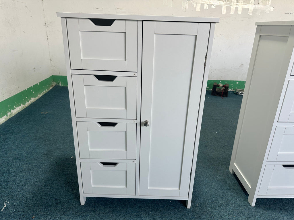 Bathroom Storage Cabinet with 4 Drawers and 1 Door, Freestanding Wooden Floor Organizer for Bathroom, Narrow Storage Cabinet for Small Spaces, Entryway, Living Room or Hallway, White