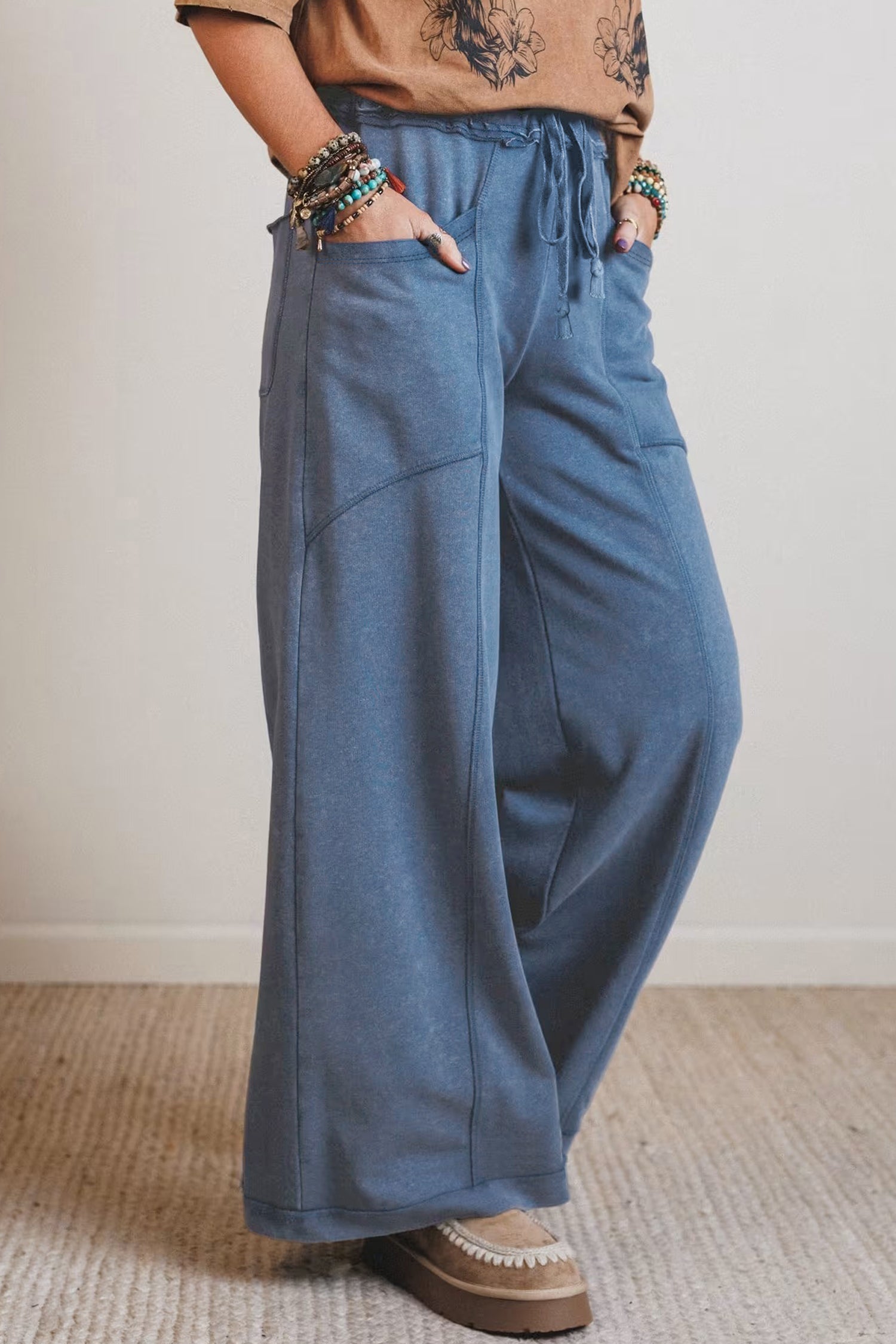 Solid Mineral Wash Drawstring Wide Leg Pants