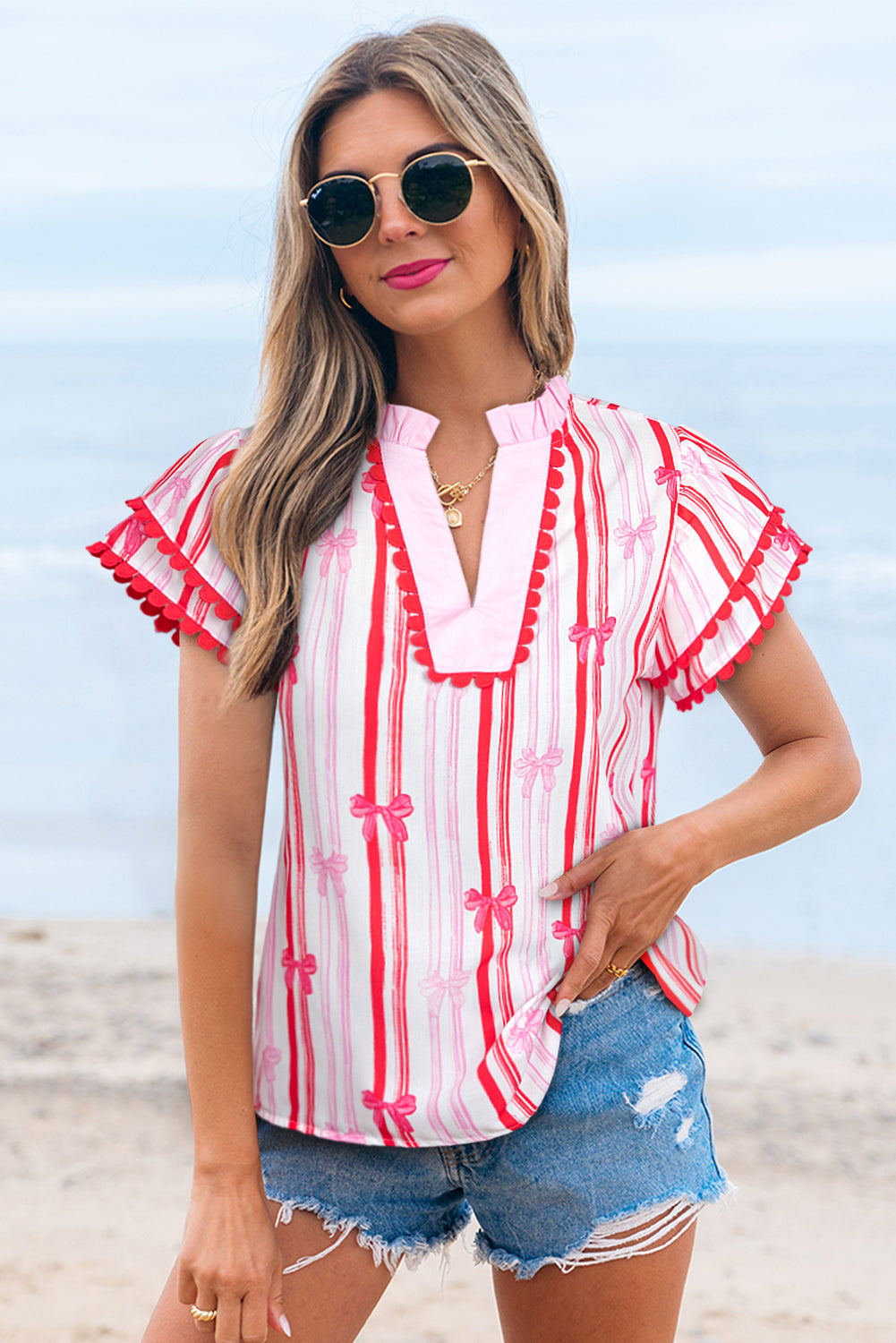 Kaya Ric-rac Trim Ruffled Sleeve Blouse