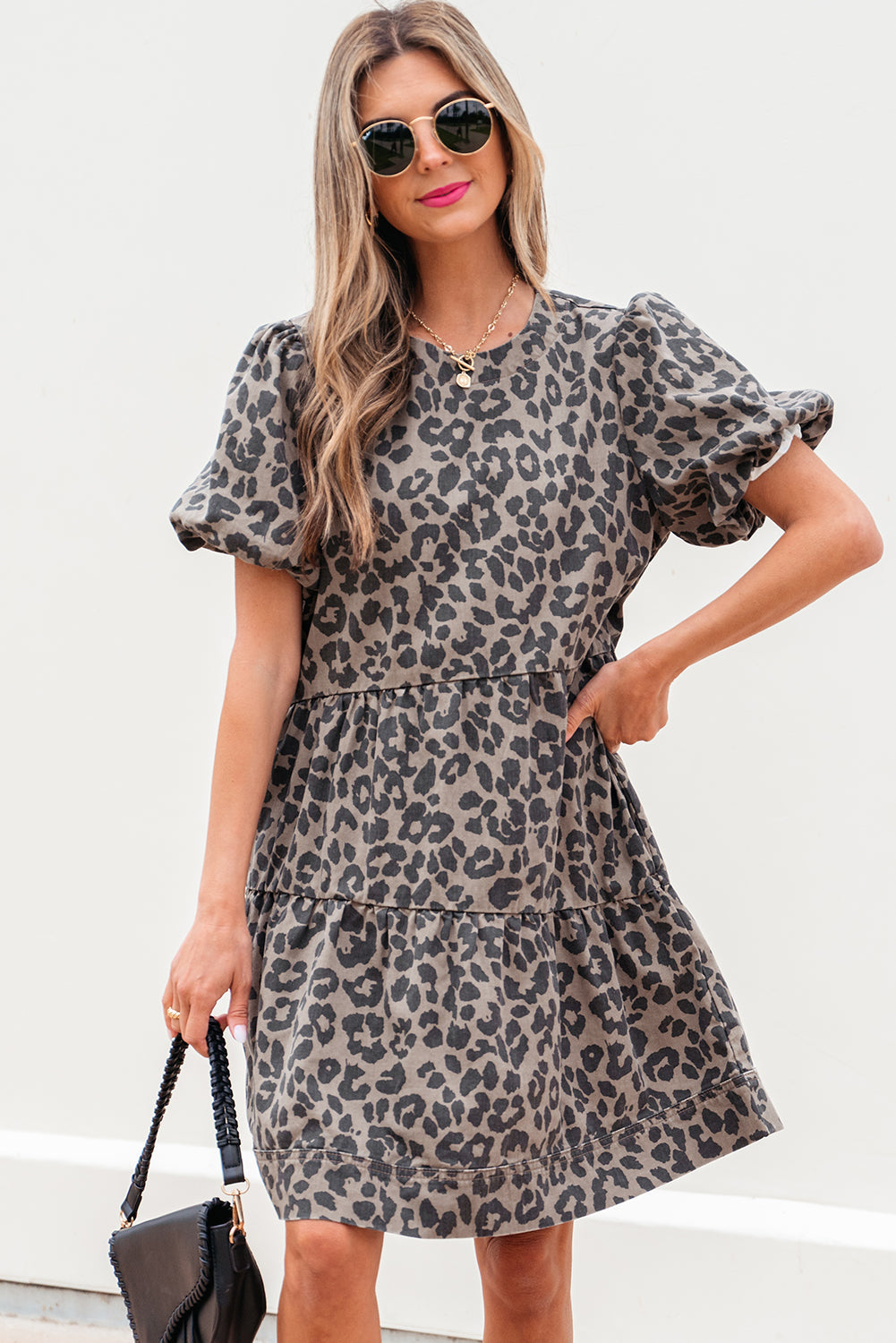 Zaylee Denim Leopard Short Puff Sleeve Mini Dress