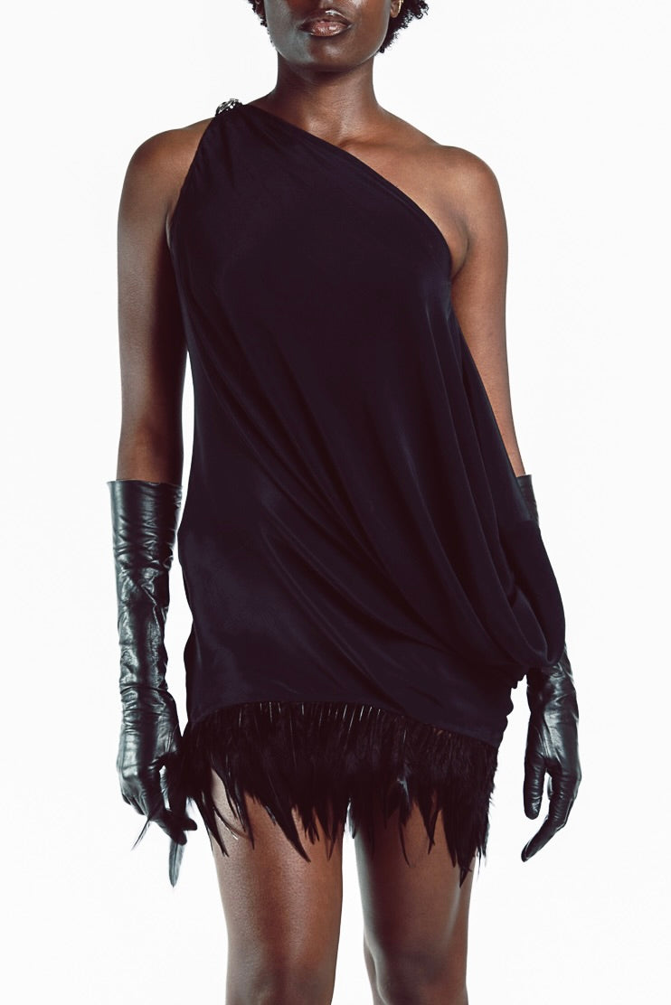Silk Draped Feather Dress