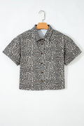 Leopard Denim Short Sleeve Button Up Cropped Shirt