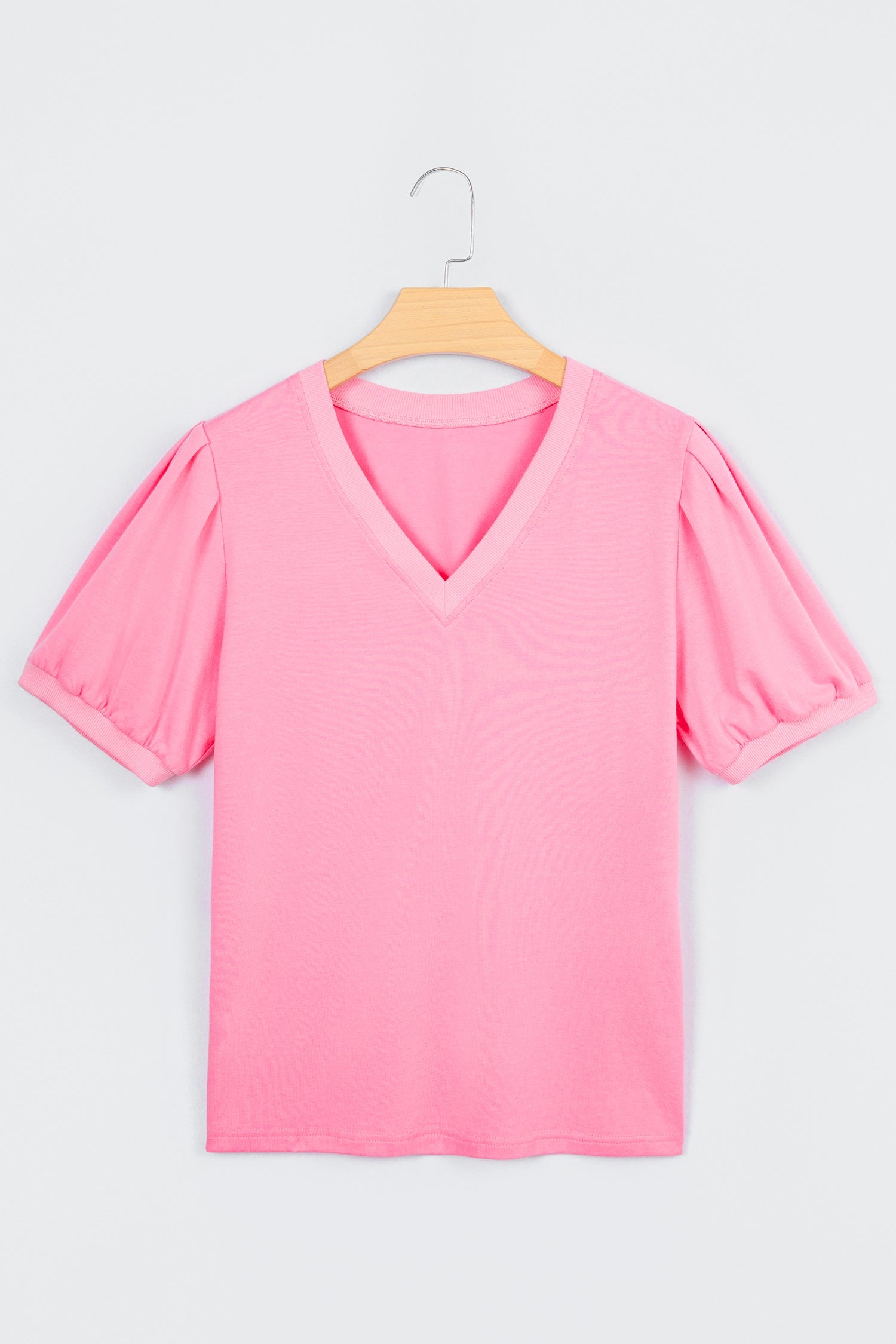 Solid V-Neck Short Puff Sleeve Blouse