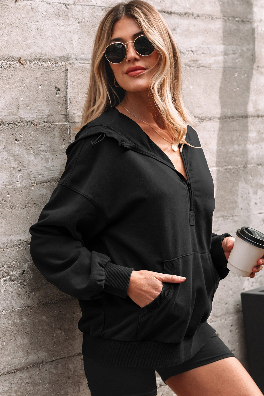 Solid Half-Zip Kangaroo Pocket Baggy Hoodie