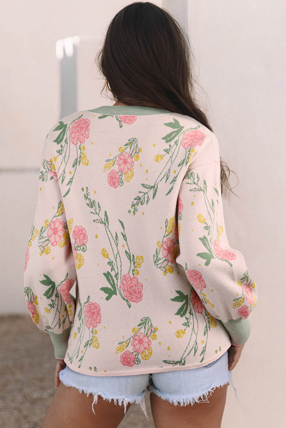 Floral Stripe Contrast V-Neck Sweater