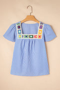 Marisol Stripe Textured Ruffle Square Neck Blouse
