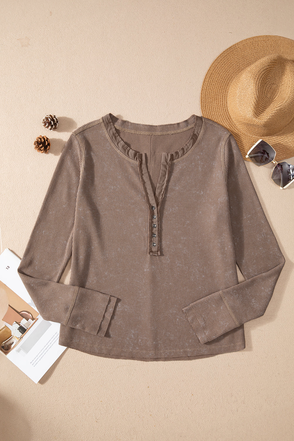 Zahra Waffle Knit Neckline Long Sleeve Top