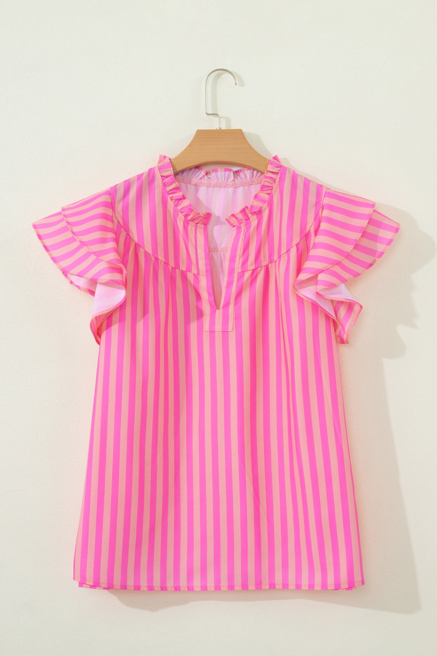 Stripe Split Neck Ruffle Sleeve Summer Blouse