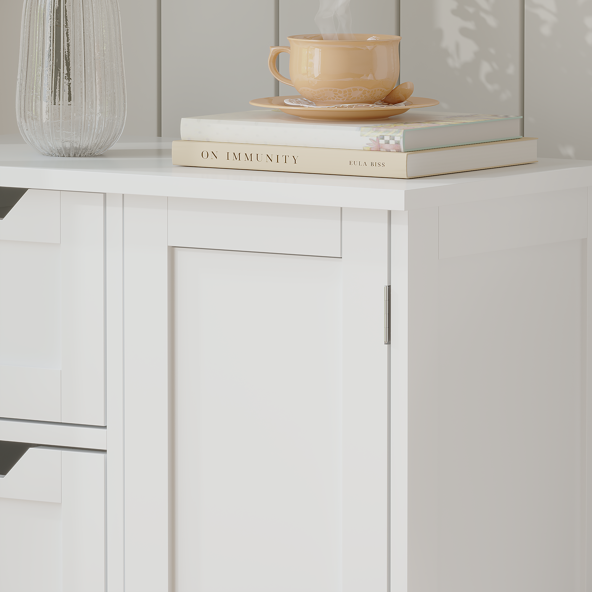 Bathroom Storage Cabinet with 4 Drawers and 1 Door, Freestanding Wooden Floor Organizer for Bathroom, Narrow Storage Cabinet for Small Spaces, Entryway, Living Room or Hallway, White