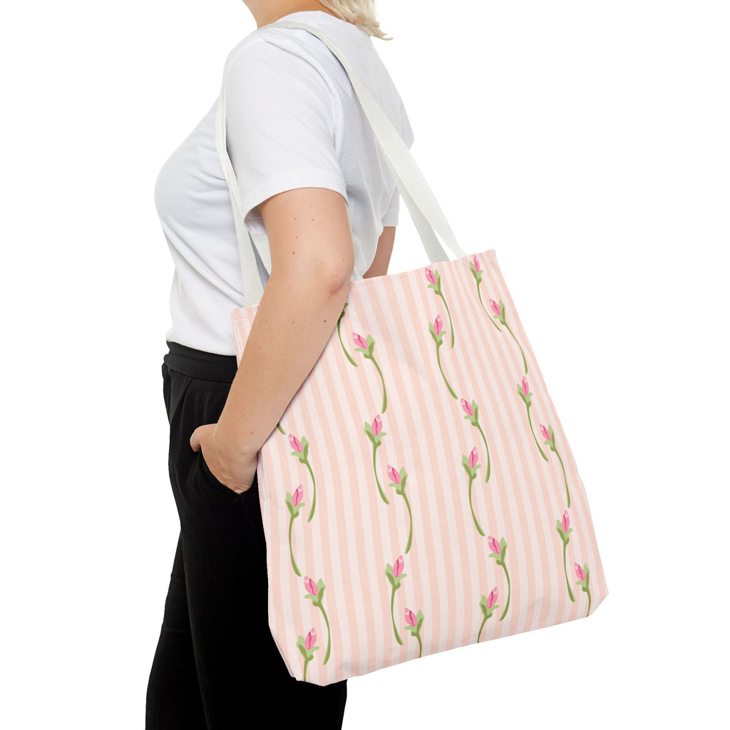 Customizable: Floral Stripe Tote Bag, Chic Shopping Tote, Spring Gift Bag, Eco-Friendly Reusable Bag, Perfect for Grad Gifts College Send off Gift
