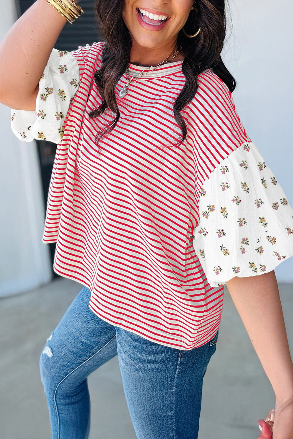 Floral Stripe Patchwork Puff Sleeve Round Neck Top