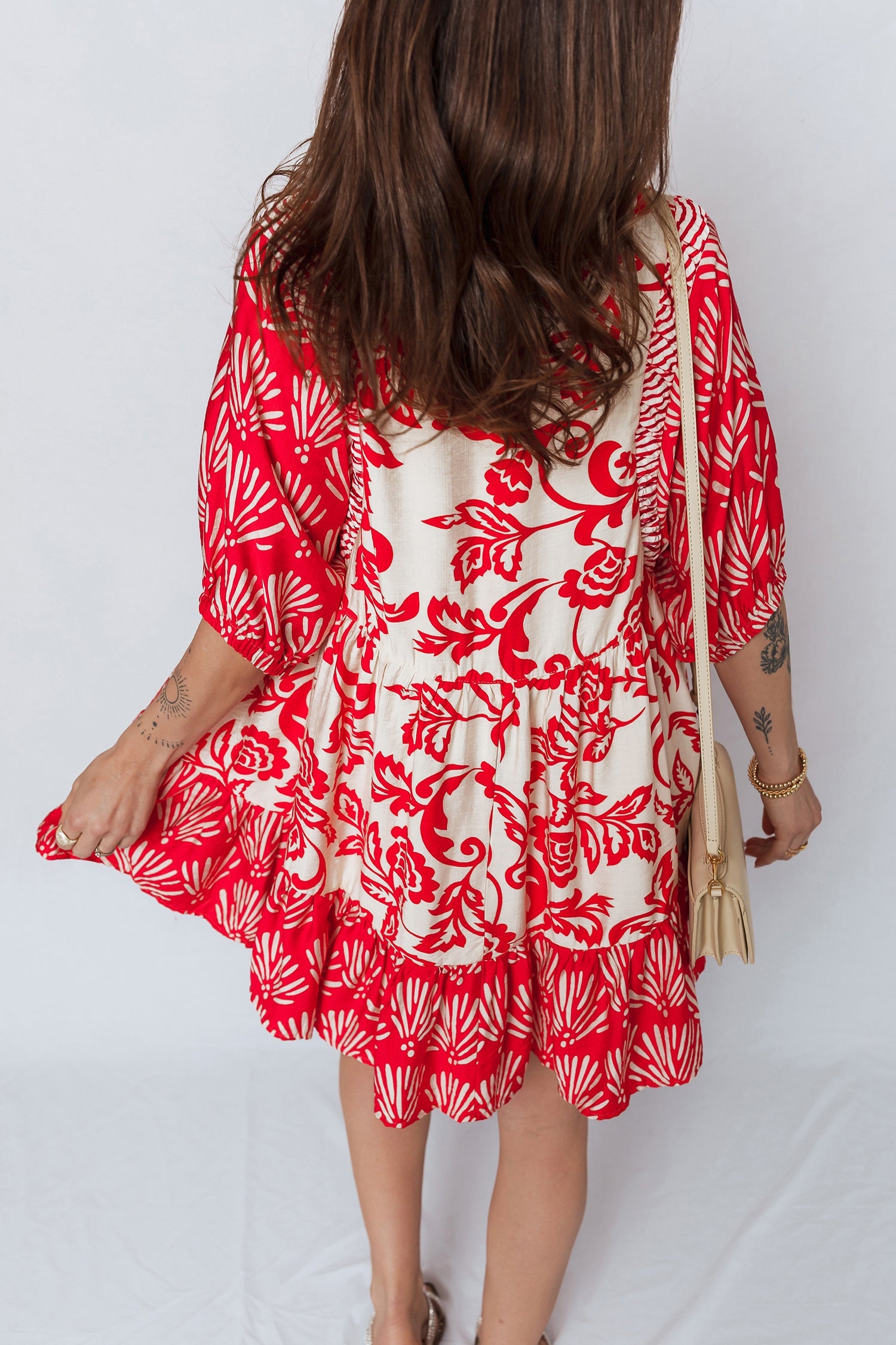Flower V-Neck 3/4 Sleeve Collar Mini Dress