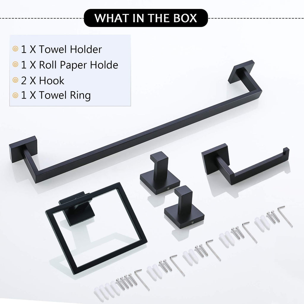 5-Piece Bathroom Hardware Accessories Set | Towel Bar, Wall Mounted, Matte Black