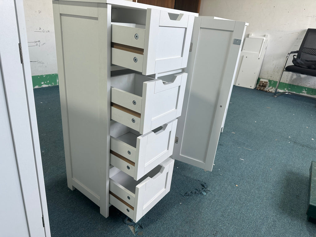 Bathroom Storage Cabinet with 4 Drawers and 1 Door, Freestanding Wooden Floor Organizer for Bathroom, Narrow Storage Cabinet for Small Spaces, Entryway, Living Room or Hallway, White