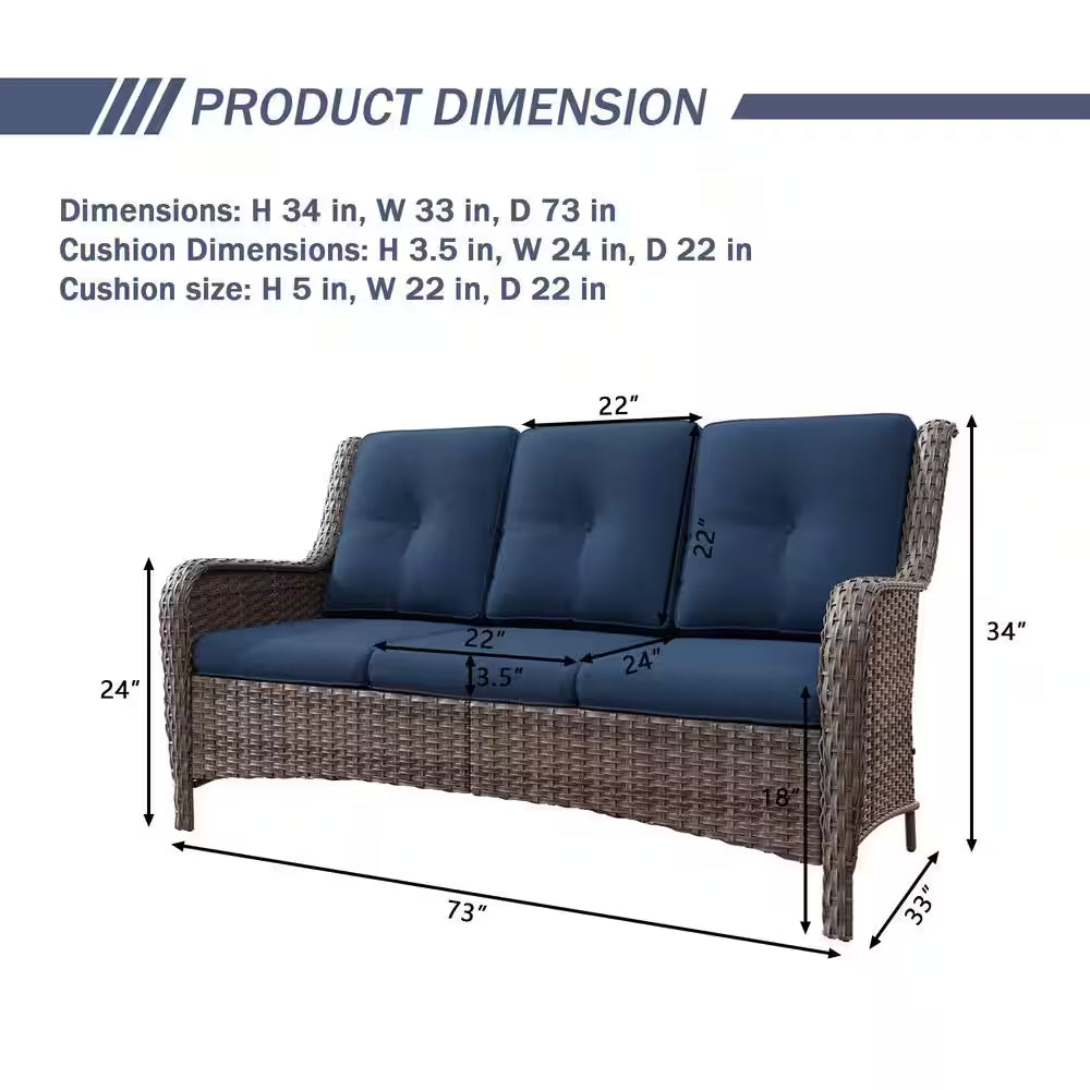 Stylish 3-Seat Wicker Sofa with Comfortable Blue Cushions
