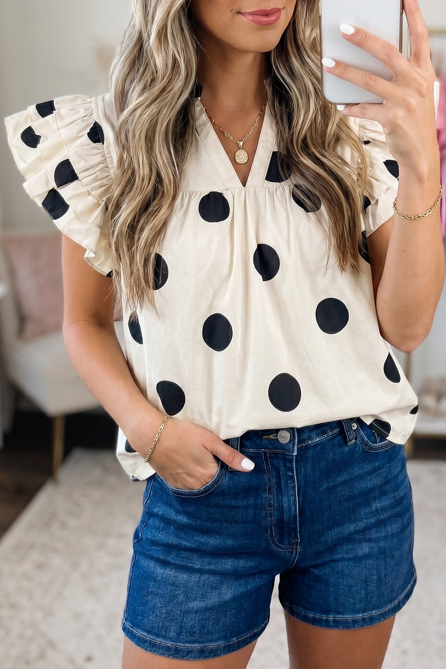 Polka Dot V-Neck Ruffle Short Sleeve Blouse