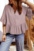 Solid Split V-Neck Ruffle Sleeve Peplum Blouse