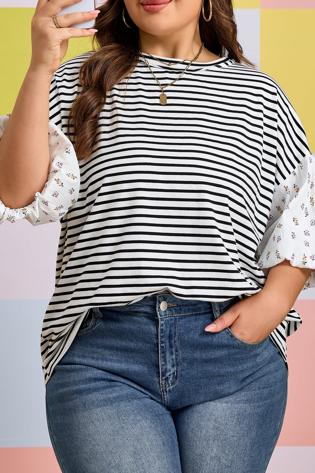 Plus Size Stripe Floral Patchwork Puff Sleeve Top