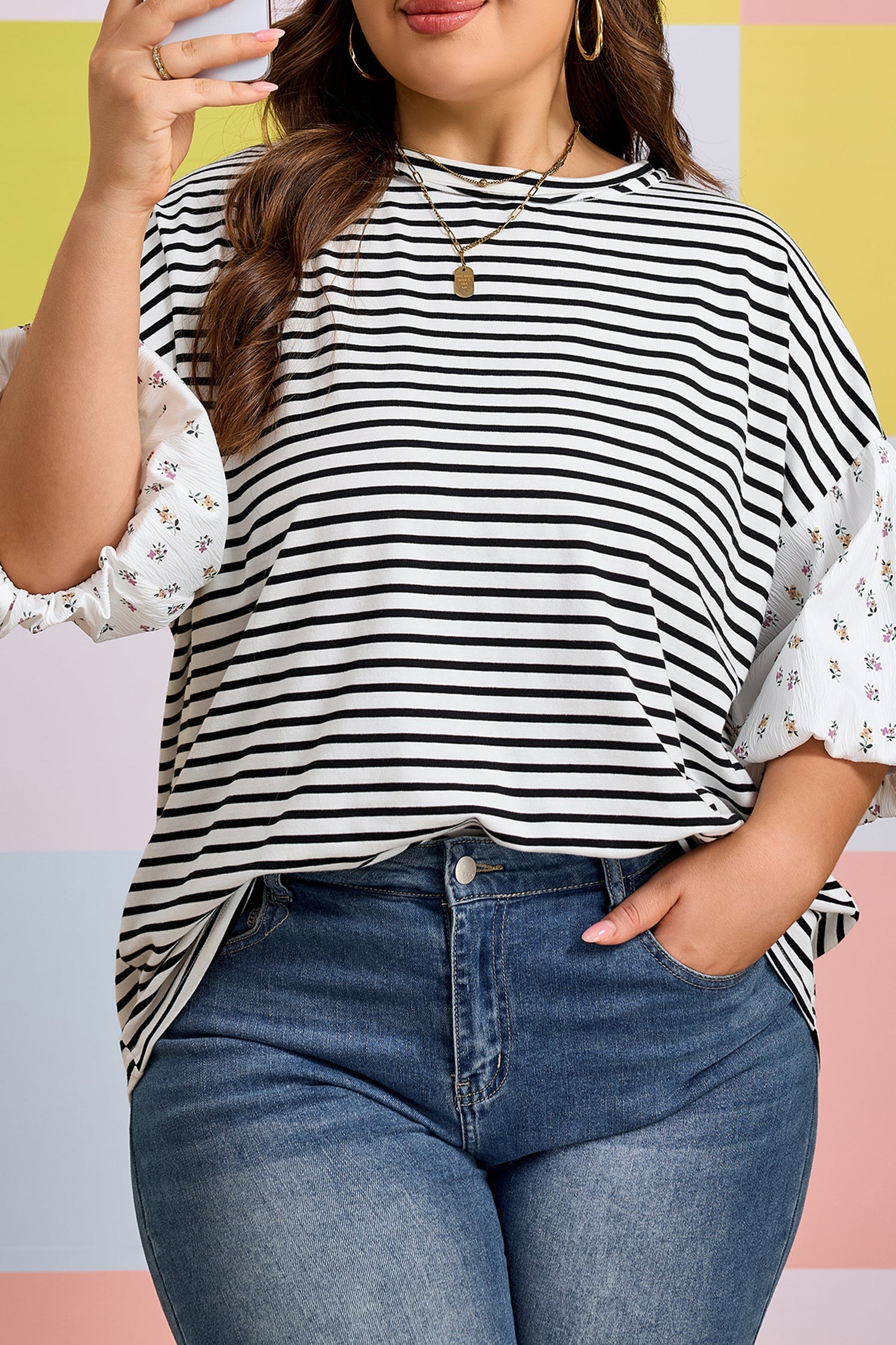 Plus Size Stripe Floral Patchwork Puff Sleeve Top