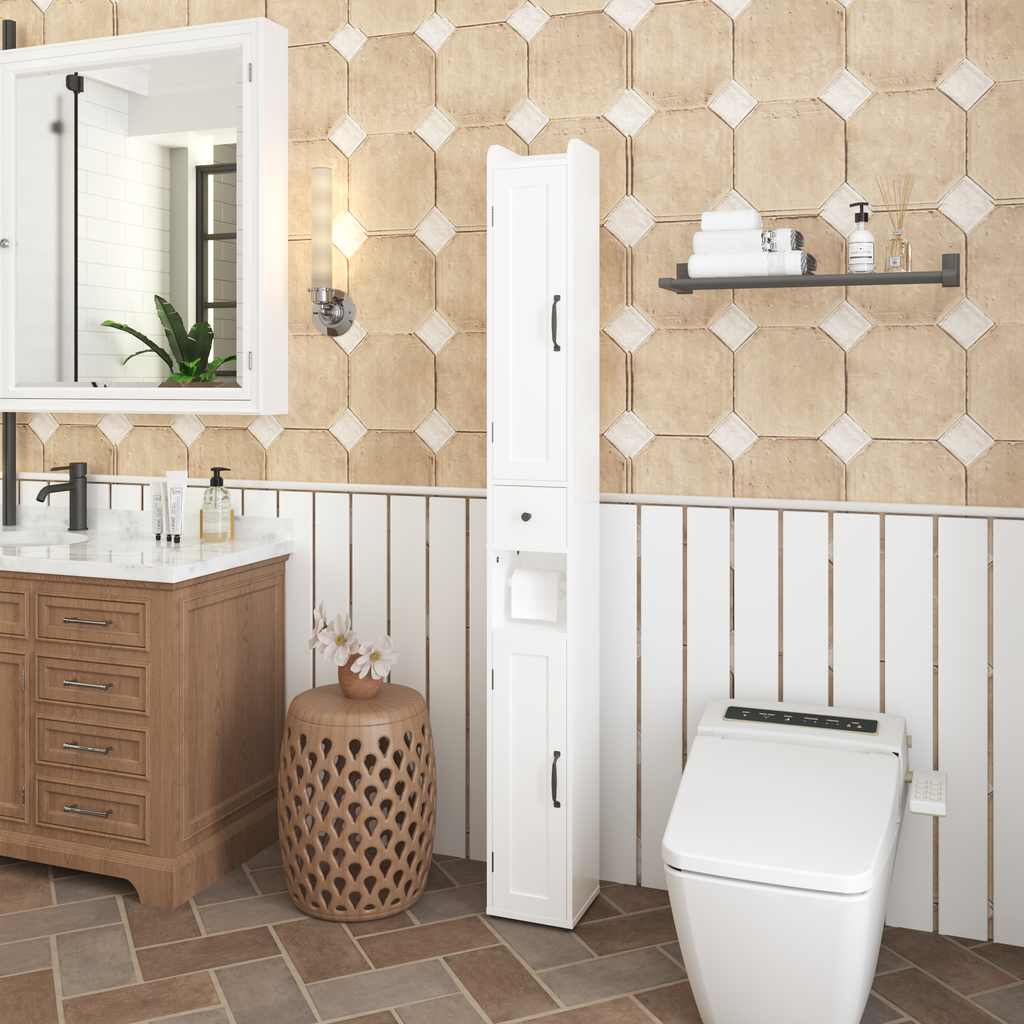 White Slim Tall Bathroom Storage Cabinet with Adjustable Shelves, 2 Doors Freestanding Cabinet for Small Spaces, Kitchen, Living Room, MDF Material, 67.51 inches High